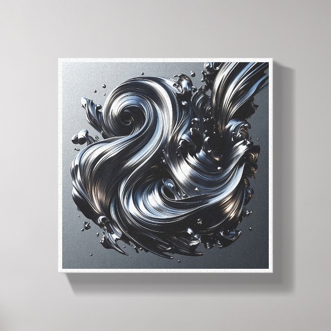 Luxury Liquid Silver Wave - 3D Metallic Fluid Abst Canvas Print (Front)