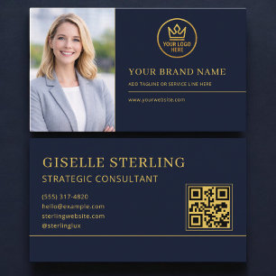 Luxury Logo Blue Gold Photo QR Code Business Card