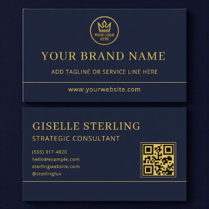 Luxury Logo Blue Gold QR Code Business Card