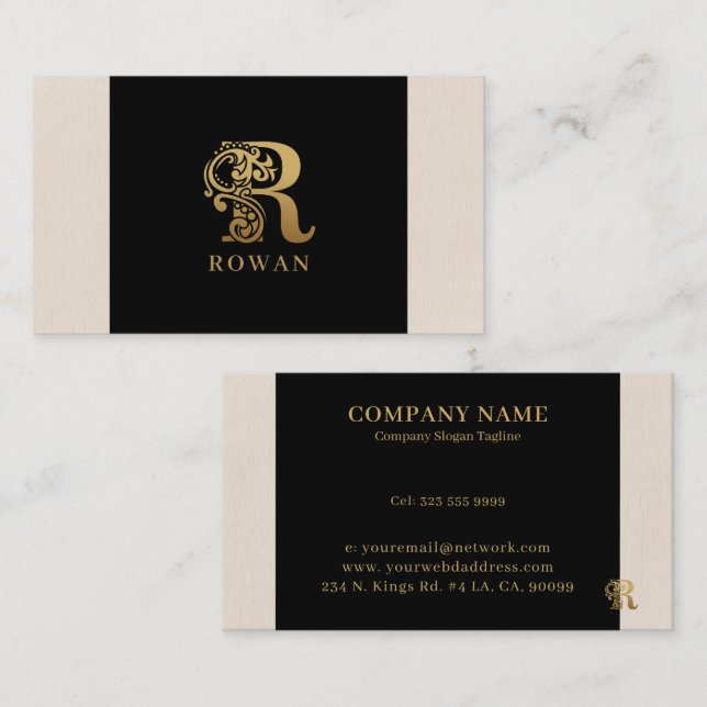 Luxury logo R in gold on black Business Card (Front/Back)