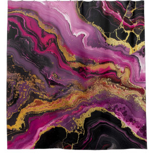 Luxury Magenta Black Agate Gold Glitter Marble Shower Curtain