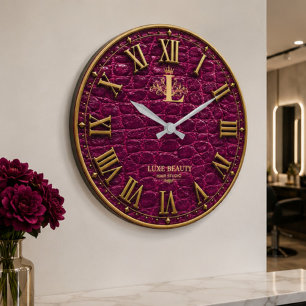 Luxury Magenta Crocodile Gold Elegant Monogram Large Clock