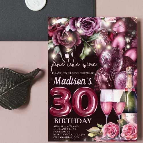 Luxury Magenta Wine Adult 30th Birthday Invitation