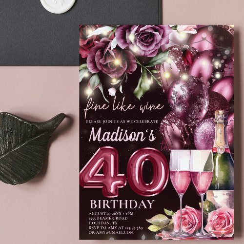 Luxury Magenta Wine Adult 40th Birthday Invitation