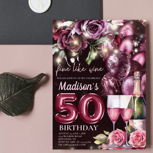 Luxury Magenta Wine Adult 50th Birthday Invitation
