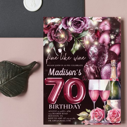 Luxury Magenta Wine Adult 70th Birthday Invitation