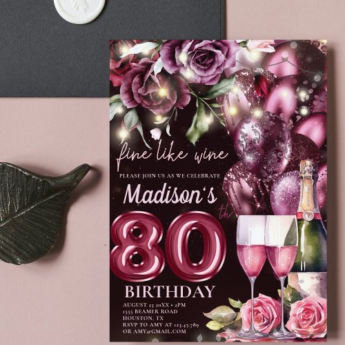 Luxury Magenta Wine Adult 80th Birthday Invitation