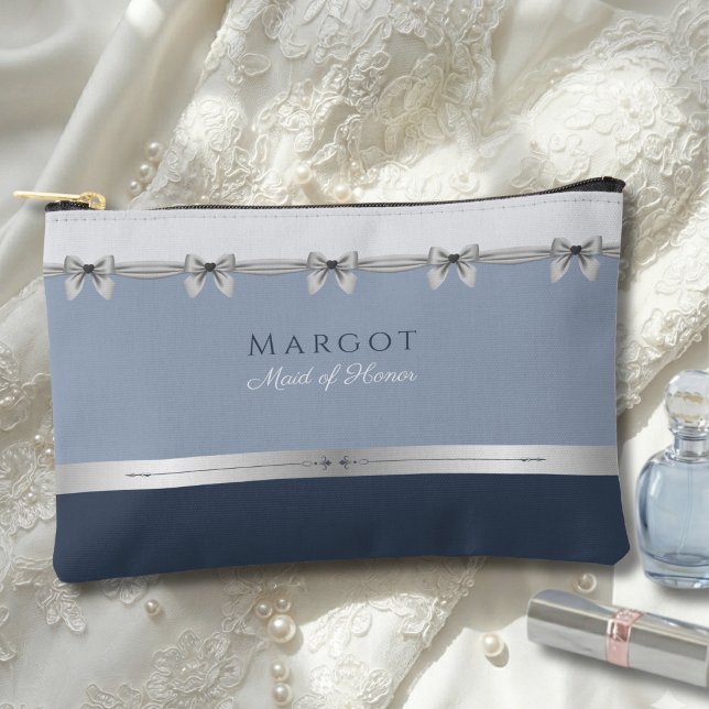Luxury Maid of Honor | Slate Blue Cosmetics Accessory Pouch (Luxury Maid of Honor Makeup Bag. Modern slate & dusty blue with silver coquette bow details.)