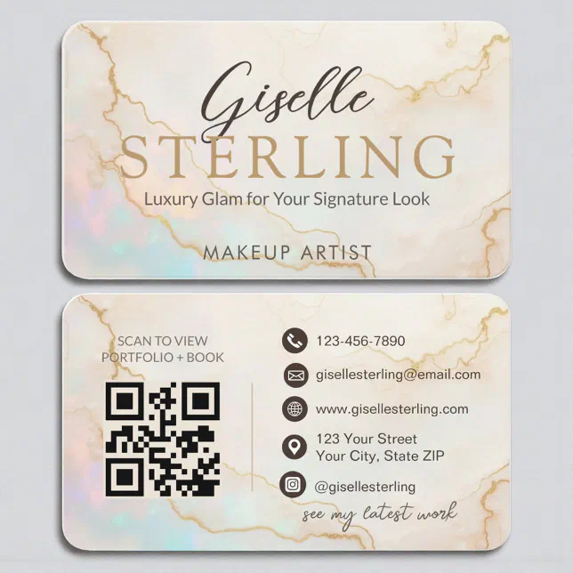 Luxury Makeup Artist Pearl Opal Gold Script Business Card | Zazzle