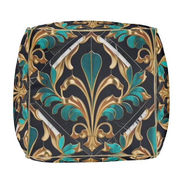Luxury Malachite Art Deco Floral Marbled Pattern Pouf (Bottom)