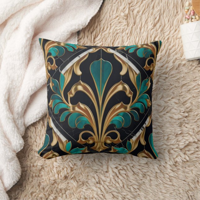 Luxury Malachite Art Deco Floral Marbled Pattern Throw Pillow (Blanket)