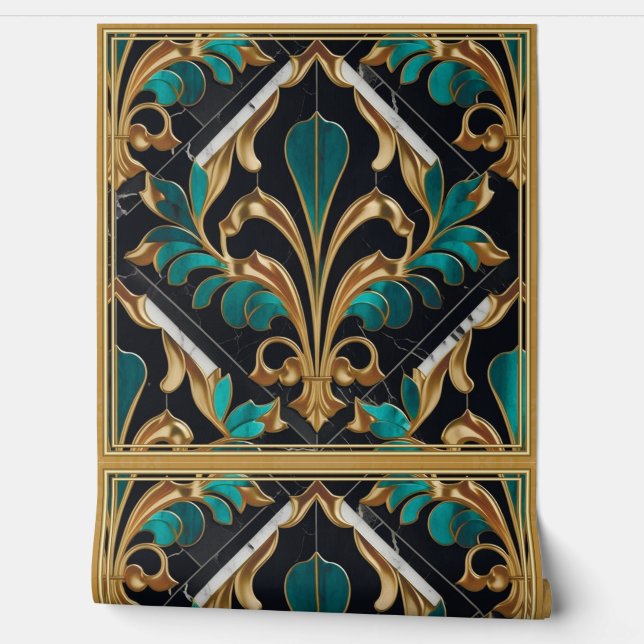 Luxury Malachite Stone Art Deco Floral Marble Wallpaper (Unrolling)