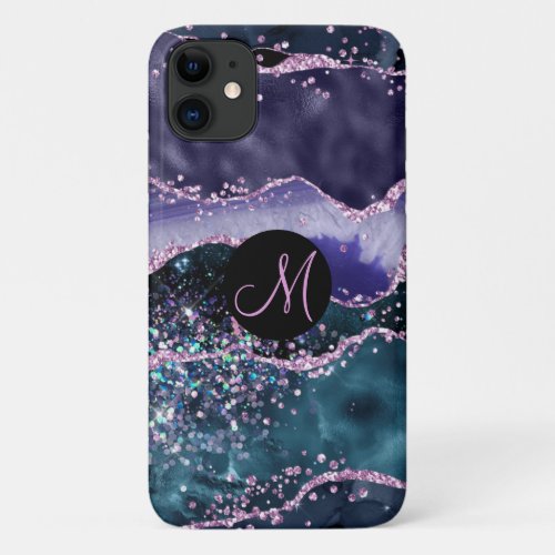 Luxury Marble Agate Purple Glitter Monogram iPhone 11 Case