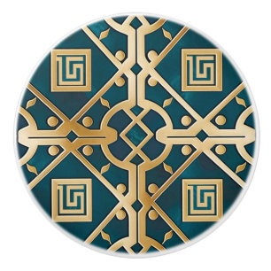 Luxury Marble Art Deco Greek Key Sea Green Gold Ceramic Knob