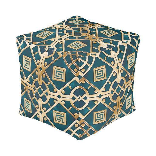Luxury Marble Art Deco Greek Key Sea Green Gold Pouf (Angled Back)