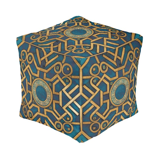 Luxury Marble art Deco Royal Blue Gold Greek Key Pouf (Angled Back)