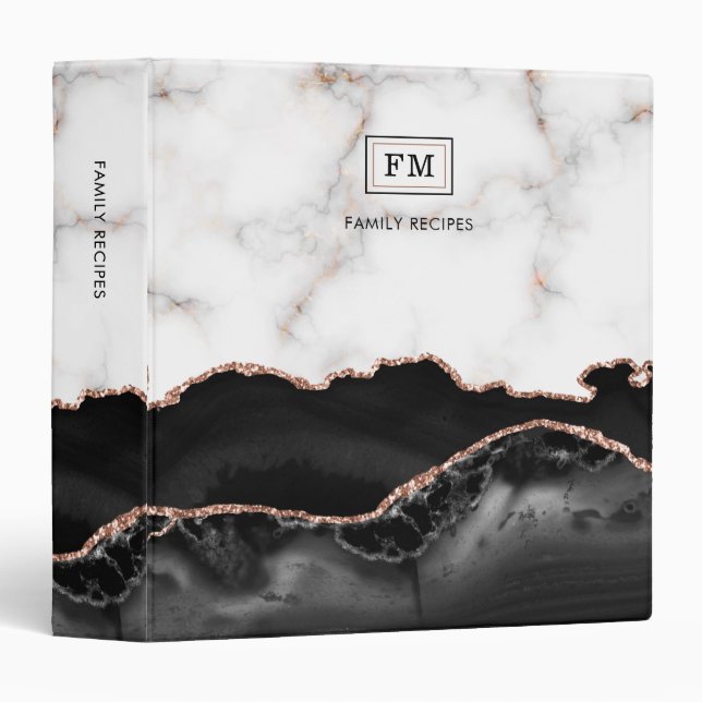 Luxury Marble Black Agate Gold Geode Monogram  3 Ring Binder (Front/Spine)