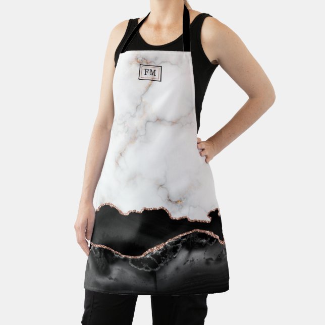 Luxury Marble Black Agate Gold Glitter Monogram Apron (Insitu)