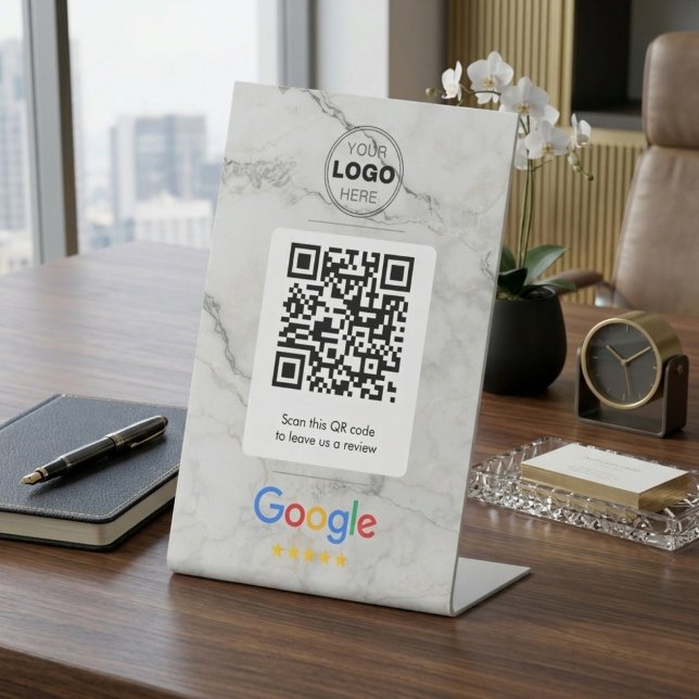 Luxury Marble Business Review QR Code Pedestal Sign (Luxury Marble QR Code Review Sign | Custom Logo Pedestal Display for Business)
