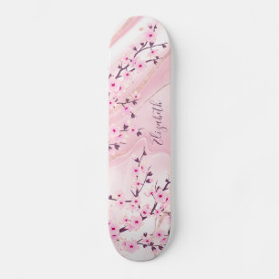 Luxury Marble Cherry Blossom Monogram Girly Skateboard