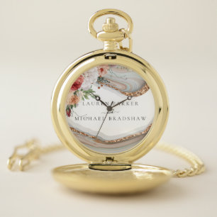 Luxury Marble Floral Glitter Wedding Pocket Watch
