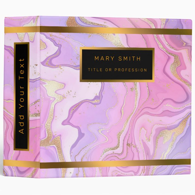 Luxury Marble Glitter Pink Purple Gold 3 Ring Binder (Front/Spine)