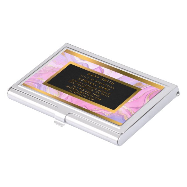 Luxury Marble Glitter Pink Purple Gold Business Card Case (Front)
