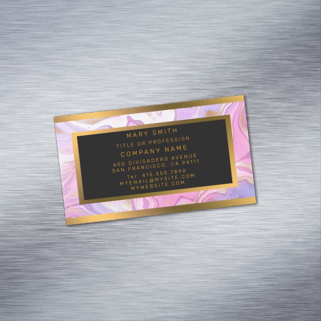 Luxury Marble Glitter Pink Purple Gold Business Card Magnet (In Situ)