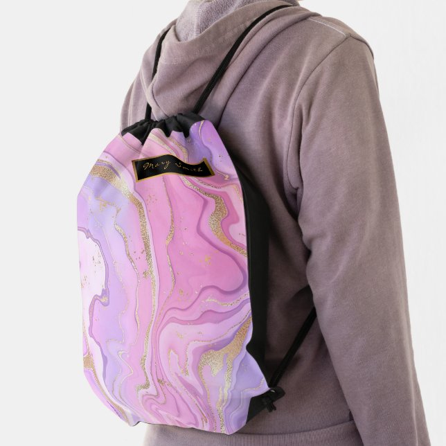 Luxury Marble Glitter Pink Purple Gold Drawstring Bag (Insitu)
