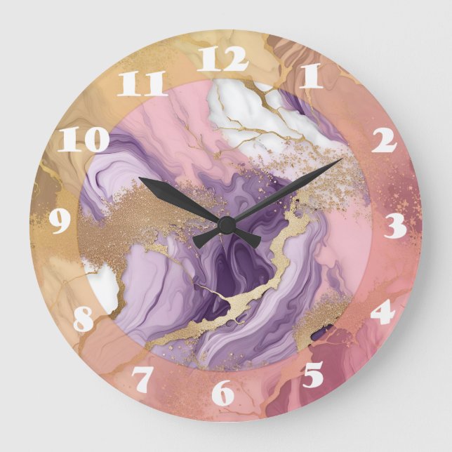  Luxury Marble Glitter Pink Purple Gold Large Clock (Front)