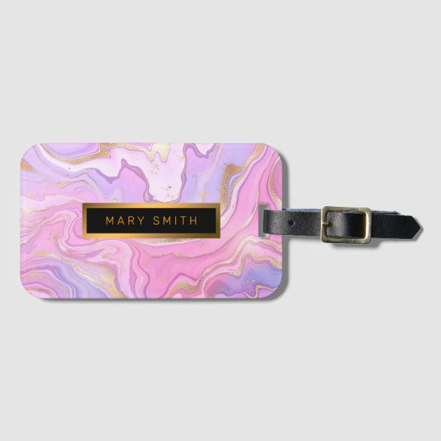 Luxury Marble Glitter Pink Purple Gold Luggage Tag (Front Horizontal)