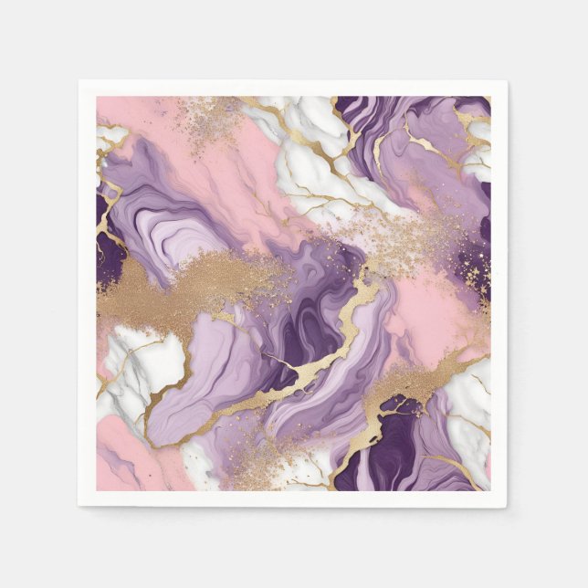  Luxury Marble Glitter Pink Purple Gold Napkins (Front)