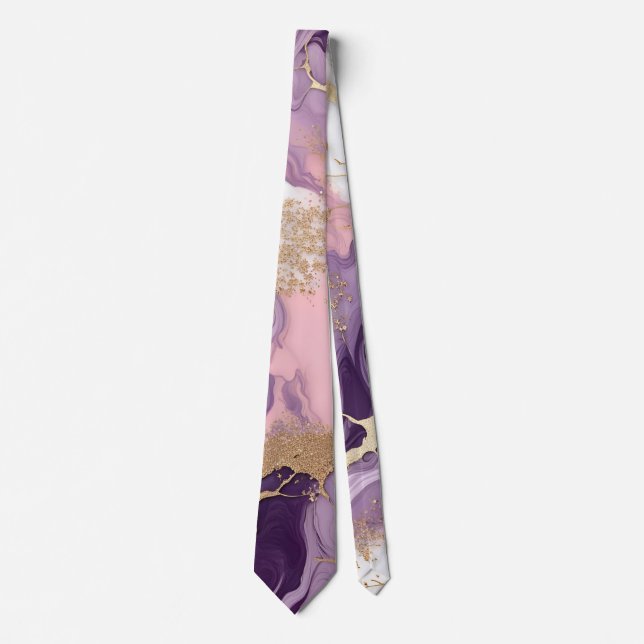  Luxury Marble Glitter Pink Purple Gold Neck Tie (Front)