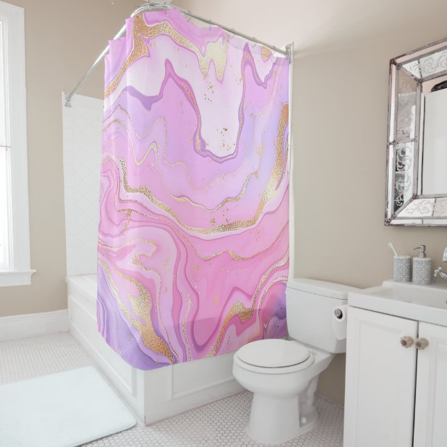 Luxury Marble Glitter Pink Purple Gold Shower Curtain (In Situ)
