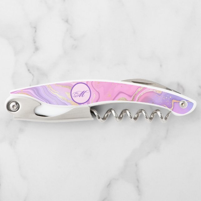 Luxury Marble Glitter Pink Purple Gold Waiter's Corkscrew (Front)