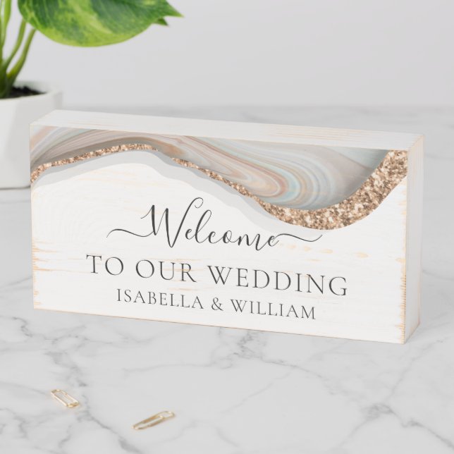 Luxury Marble Glitter Wedding Welcome Wooden Box Sign (In Situ Horizontal)