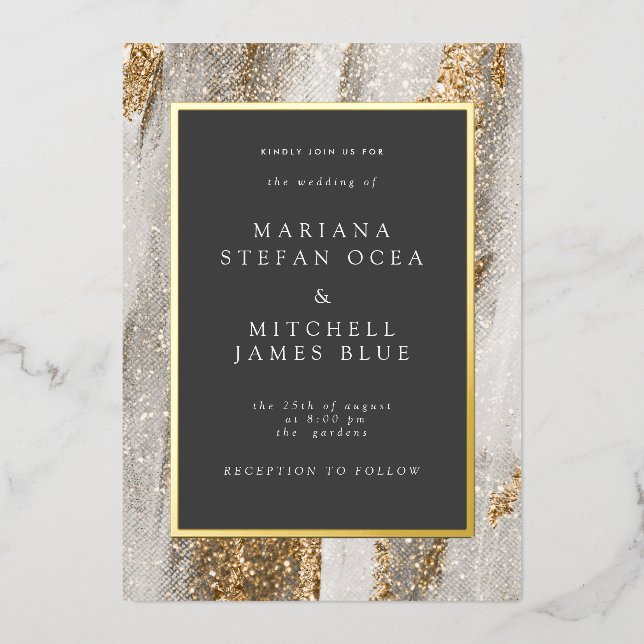 Luxury Marble Gold Glitter  Wedding  Foil Invitation (Front)