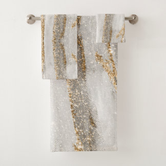 Luxury Marble Gold Strokes white and grey Bath Towel Set