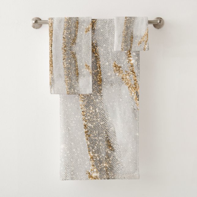 Luxury Marble Gold Strokes white and grey    Bath Towel Set (Insitu)