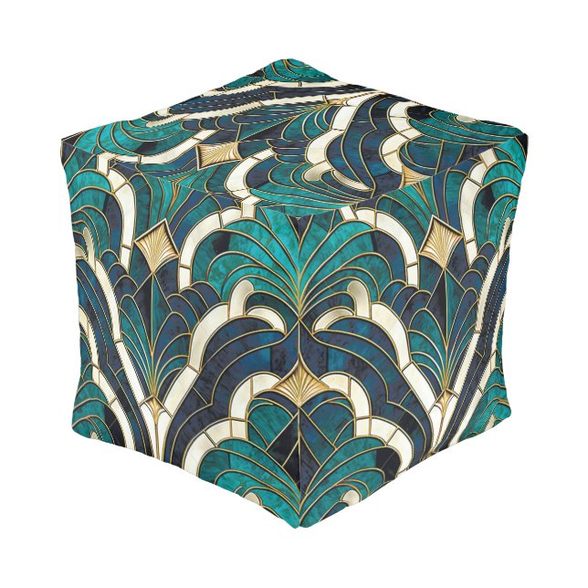 Luxury Marble Mosaic Art Deco Blue Gold & Teal Pouf (Angled Back)