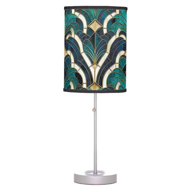 Luxury Marble Mosaic Art Deco Blue Gold & Teal Table Lamp (Front)