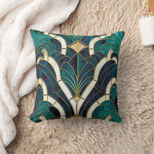Luxury Marble Mosaic Art Deco Blue Gold & Teal Throw Pillow (Blanket)