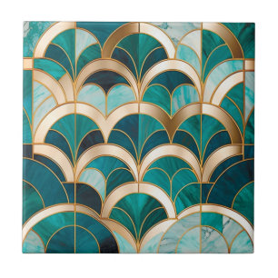 Luxury Marble Mosaic Art Deco Turquoise Blue Gold Ceramic Tile