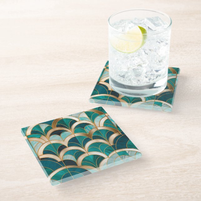 Luxury Marble Mosaic Art Deco Turquoise Blue Gold Glass Coaster (Angled)