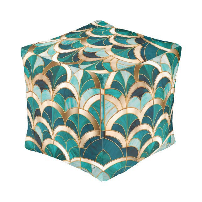 Luxury Marble Mosaic Art Deco Turquoise Blue Gold Pouf (Angled Back)