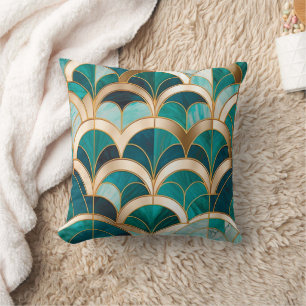 Luxury Marble Mosaic Art Deco Turquoise Blue Gold Throw Pillow