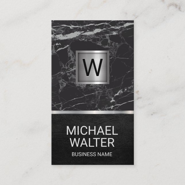 Luxury Marble | Silver Metallic Monogram Business Card (Front)