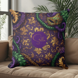 Luxury Mardi Gras Carnival Gold Fleur-de-Lis Bead  Throw Pillow