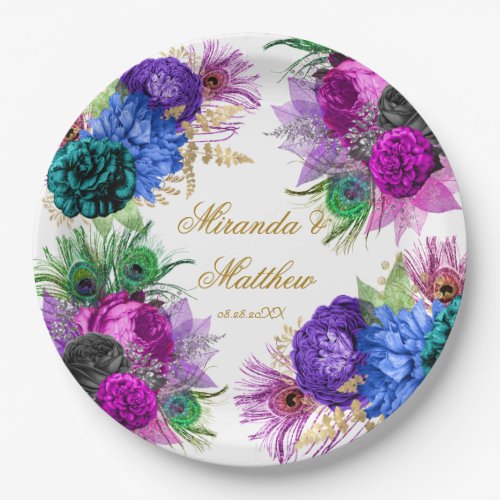 Luxury Mardi Gras Peacock Gold Peony Wedding  Pape Paper Plates