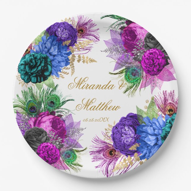 Luxury Mardi Gras Peacock Gold Peony Wedding  Pape Paper Plates (Front)
